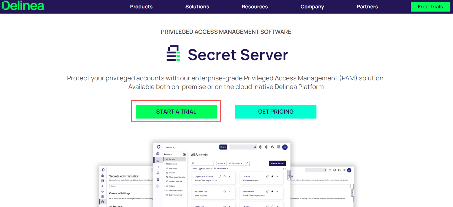 Navigate to the Delinea official website and click on 'Start a Trial'.